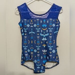 Luckyleo Custom Made Leotard Royal Blue Print With Mesh Detailing Adult Large
